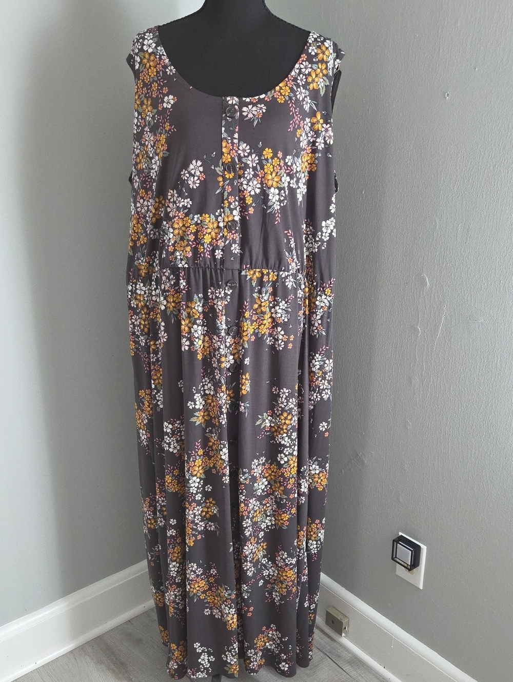 Maurices Gray Floral Maxi Dress with Yellow and White Blooms 4